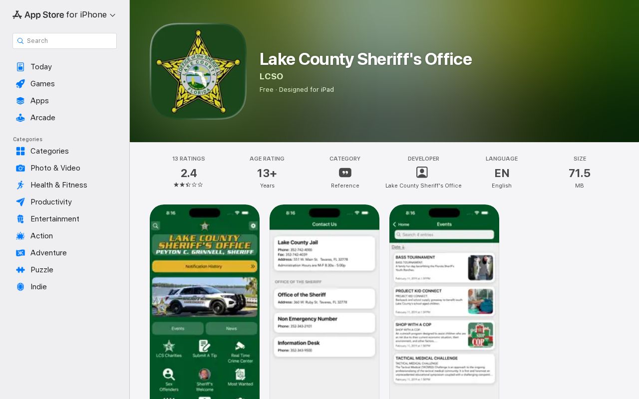 Lake County Sheriff's Office app listing with inmate information and recent arrests features