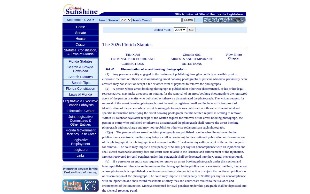 Florida Statute 901.43 on commercial publication of booking photographs