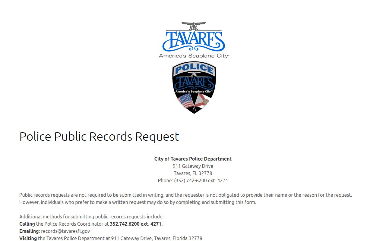 Official Tavares Police public records request form