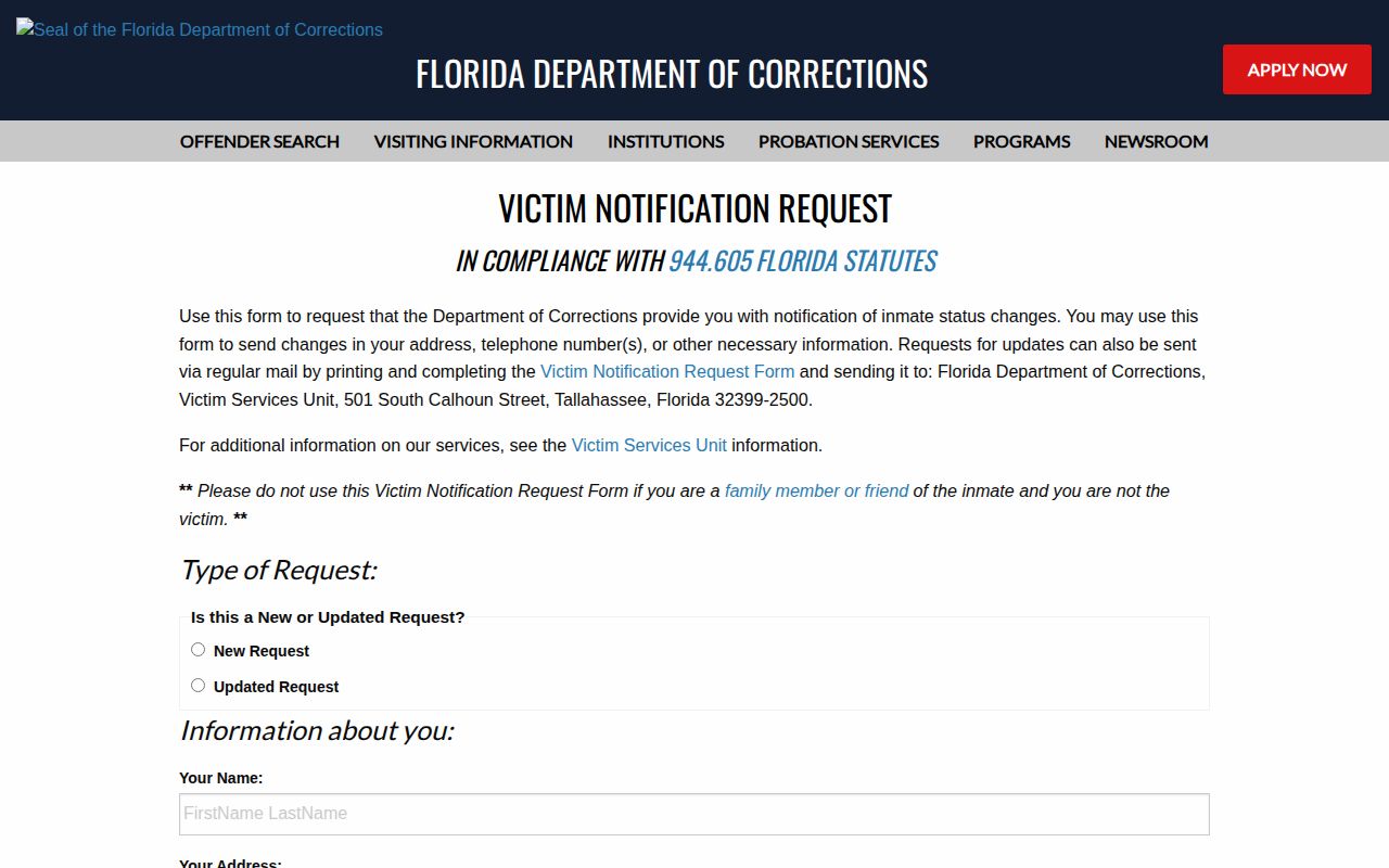 Florida Department of Corrections Victim Notification Request page